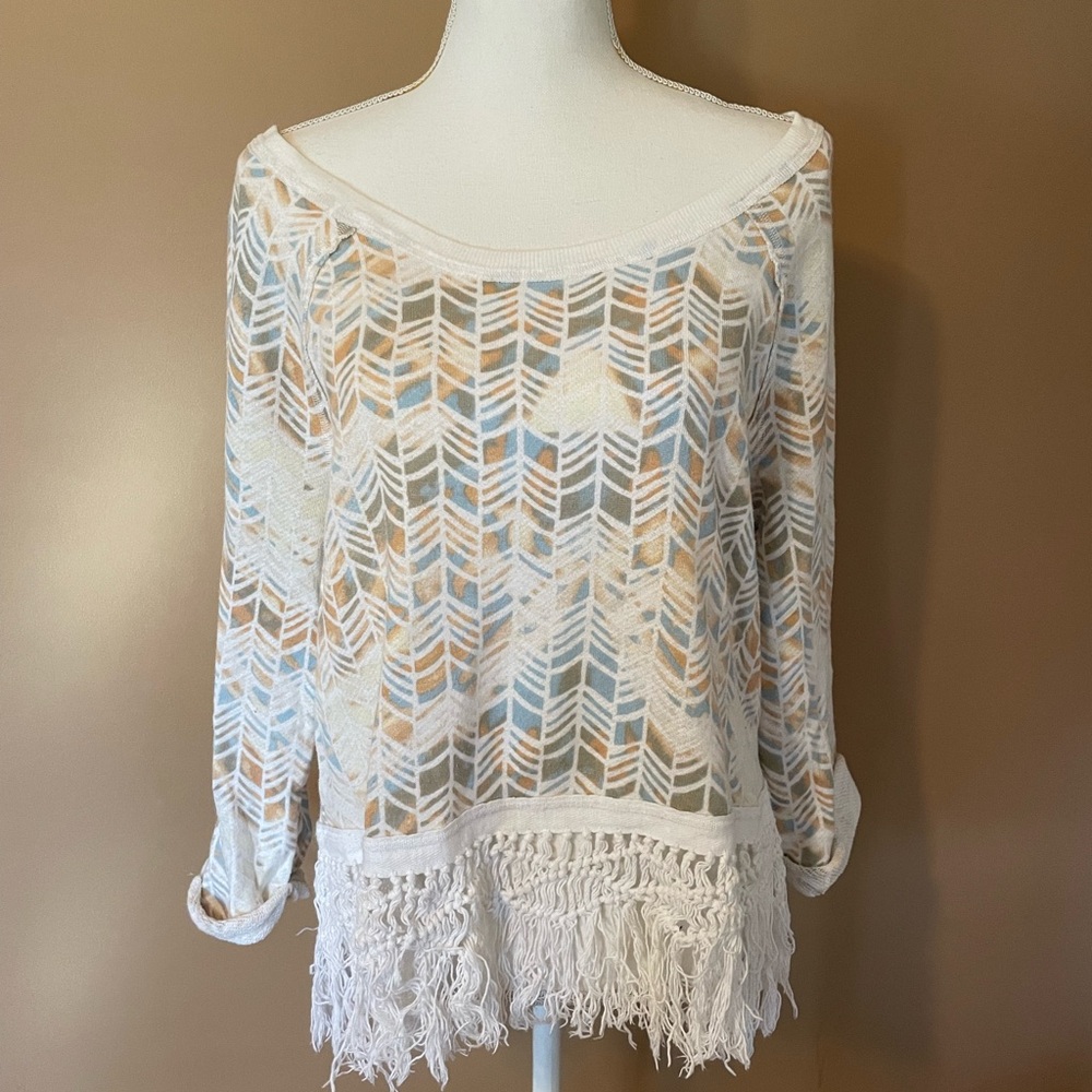 Free People White Fringe Knit Sweatshirt off the shoulder Medium